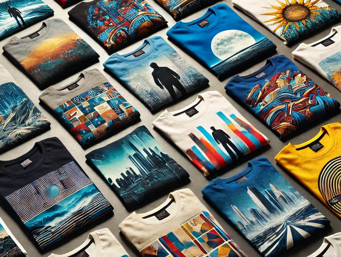 Detail shot of printed festival apparel and badges