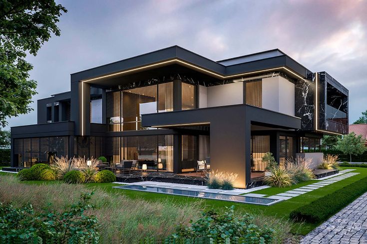 Luxury residential complex with landscaped gardens and modern architecture