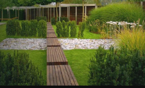 Modern ecological landscape with native plants, stone seating, and water-sensitive design